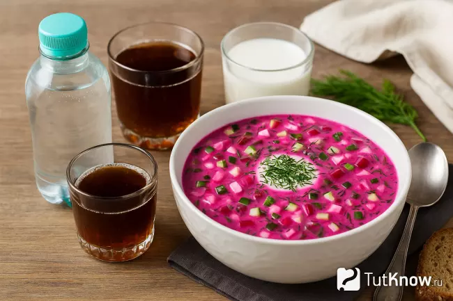 Минералка, квас и кефир для свекольника
