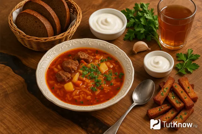 Красивая подача щей из свежей капусты с говядиной и картофелем