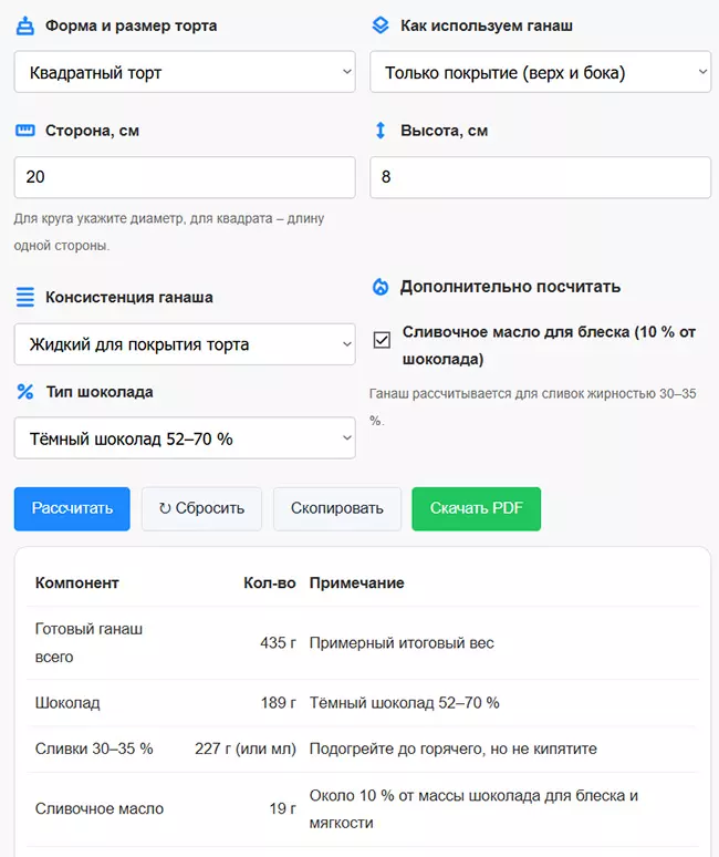 Калькулятор расчета количества шоколадного ганаша для квадратного торта