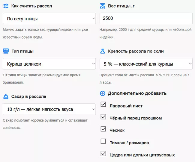 Калькулятор рассола для маринования курицы и индейки