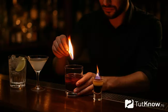 Приготовление алкогольных и горящих коктейлей-шотов