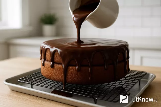 Торт на решётке, поливается тёмным ганашом