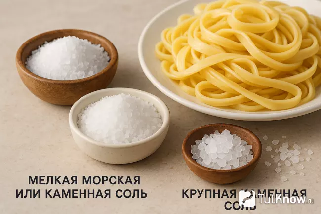 Два вида соли мелкая и крупная рядом с тарелкой пасты