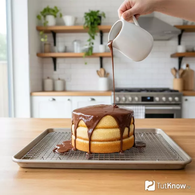 Торт поливают шоколадным ганашем