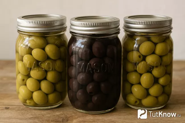 Закрытые банки с зелёными и чёрными оливками на хранении