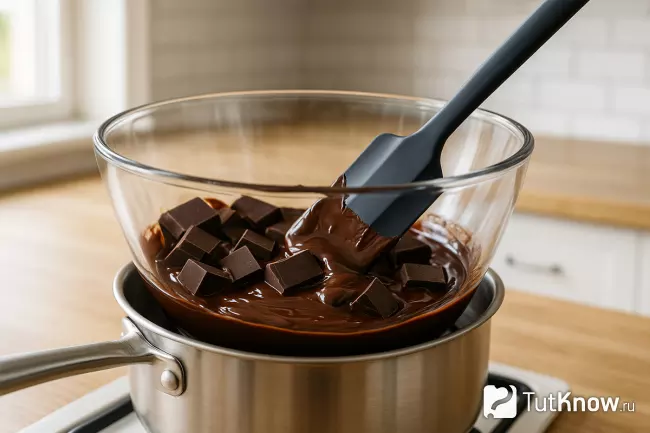 Тёмный шоколад тает на водяной бане в стеклянной миске