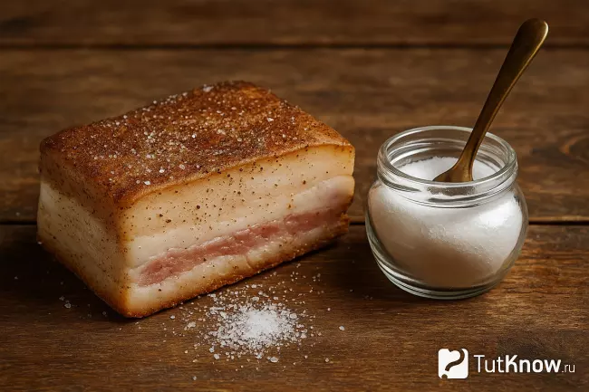 Сало сухого посола и соль в стеклянной солонке на деревянном столе