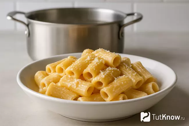 Тарелка ригатони в сливочном соусе с пармезаном