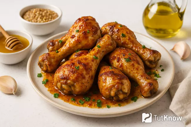 Медово-горчичные куриные ножки на тарелке
