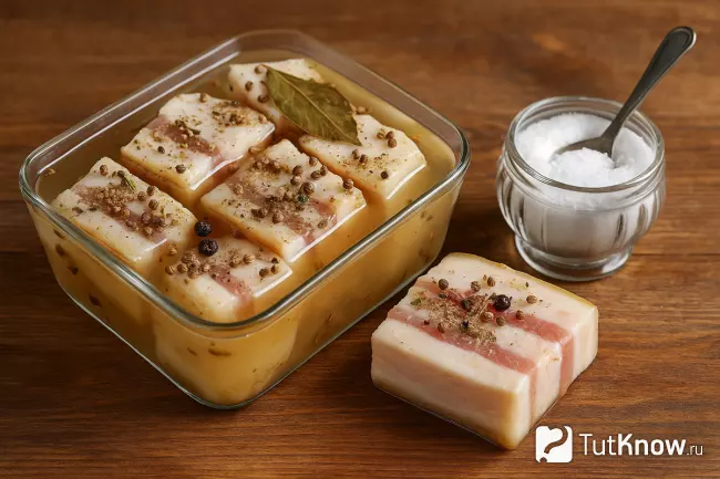 Маринованное сало в рассоле и соль в стеклянной солонке на деревянном столе