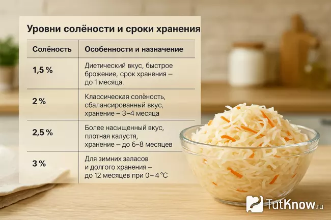 Миска квашеной капусты и таблица уровней солёности