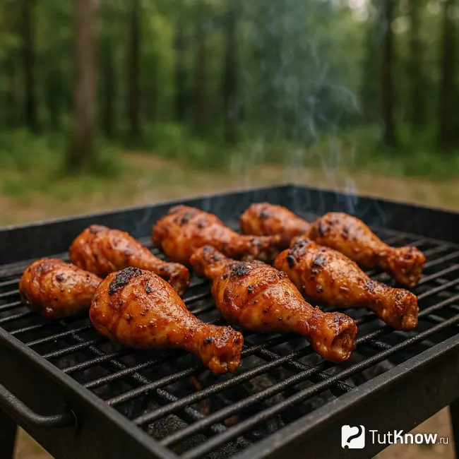 Куриные ножки в остром маринаде жарятся на гриле на фоне леса