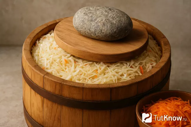 Квашеная капуста в деревянной бочке под гнётом