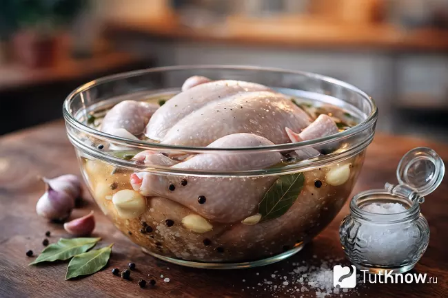 Целая курица маринуется в рассоле с чесноком
