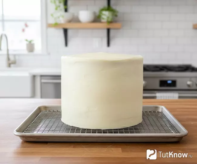 Бисквитный торт, покрытый ровным белым ганашем