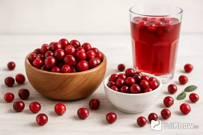 Свежая клюква и клюквенный компот на столе