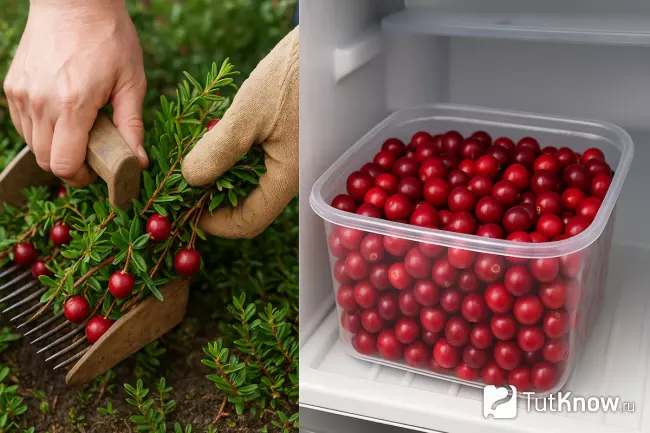 Сбор клюквы слева, хранение в контейнере справа