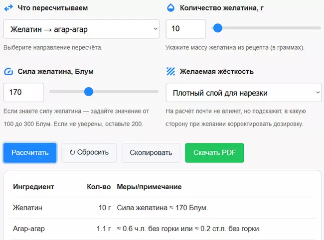 Калькулятор пересчёта желатина и агар-агара