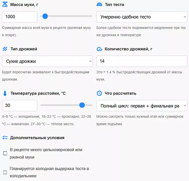 Калькулятор времени расстойки дрожжевого теста