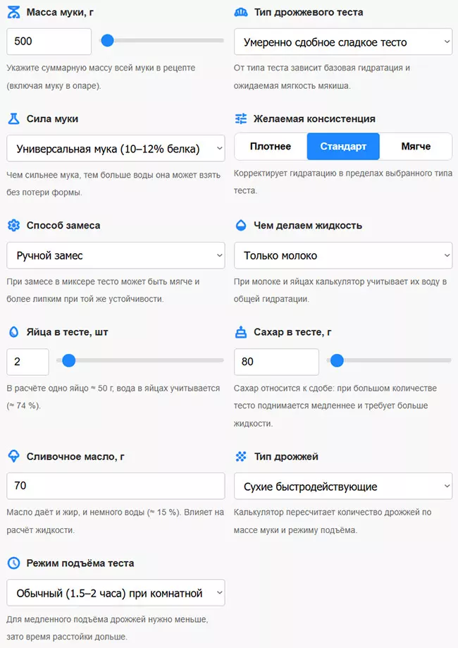 Калькулятор количества жидкости в дрожжевом тесте