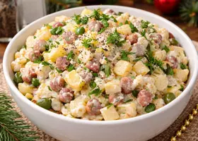 Салат с копченой колбасой и грибами на Новый год