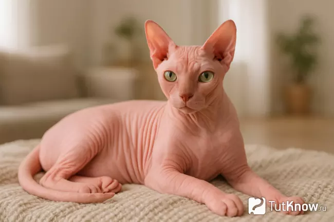 Сфинкс розового окраса, морщинистая кожа, зелёные глаза