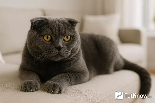 Шотландская вислоухая тёмно-серая кошка лежит на диване