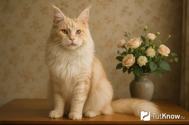 Светлый мейн-кун сидит на столе