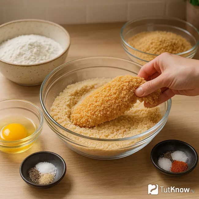 Куриное филе обваливают в панировке из сухарей с мукой и специями