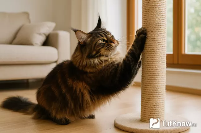 Мейн-кун тёмного окраса точит когти об когтеточку