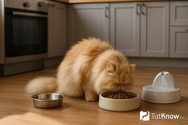 Персидская кошка кремового окраса ест сухой корм на кухне