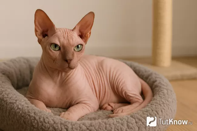 Сфинкс розового окраса лежит в тёплой лежанке