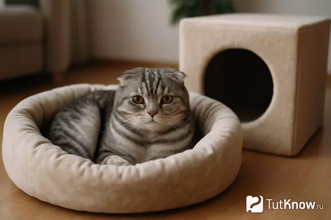 Шотландская вислоухая кошка на мягкой лежанке дома