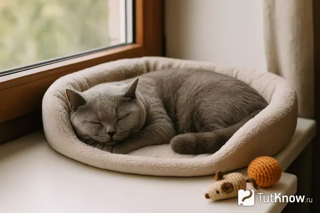 Спящая британская короткошёрстная кошка на лежанке