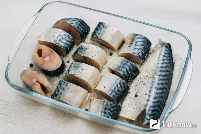 Кусочки скумбрии в соли для сухого посола
