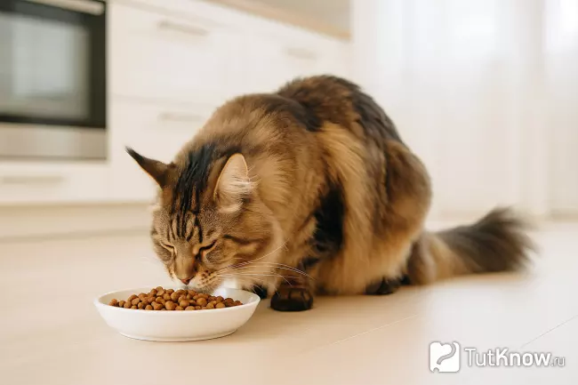 Мейн-кун тёмного табби окраса ест сухой корм