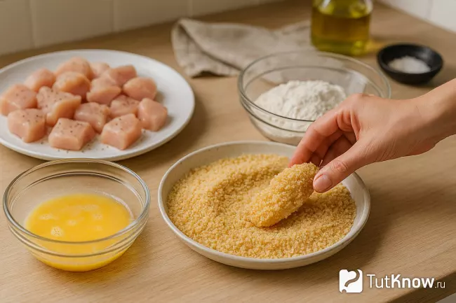 Обваливание куриных наггетсов в панировке