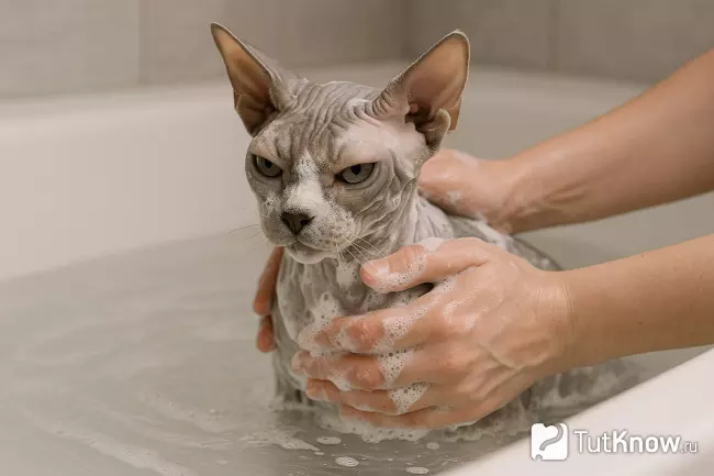 Сфинкс серого окраса во время купания