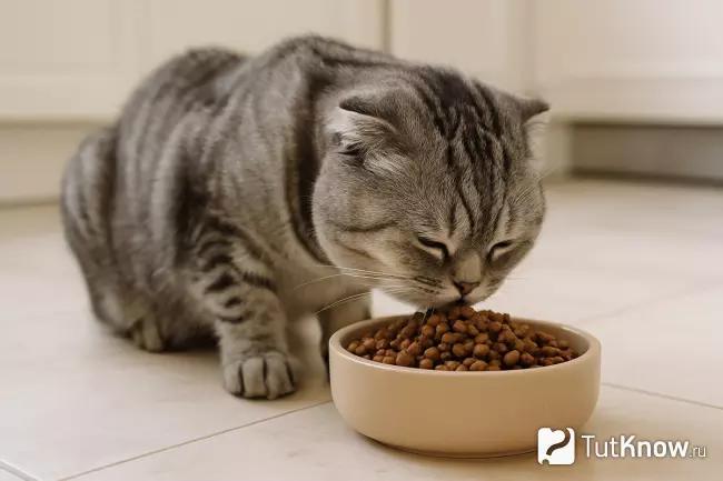 Шотландская вислоухая кошка ест сухой корм на кухне