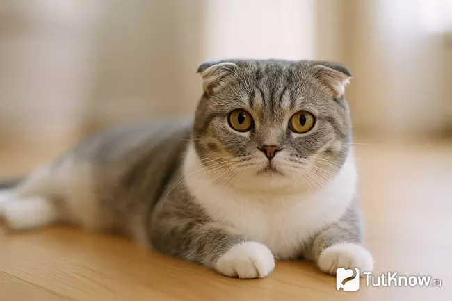 Бело-серая шотландская вислоухая кошка лежит на светлом полу