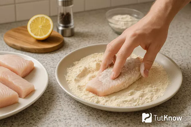 Филе белой рыбы обваливают в смеси муки и крахмала