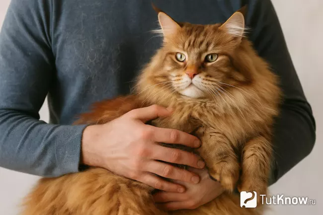 Мейн-кун тёплой рыжей окраски на руках, видна линька