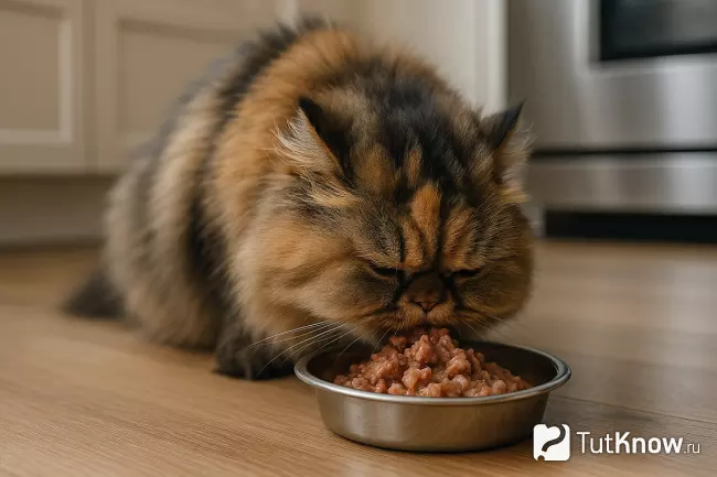 Персидская кошка шиншилла ест влажный корм из миски