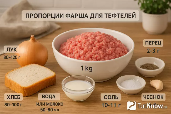 Пропорции фарша для тефтелей, ингредиенты на кухонном столе