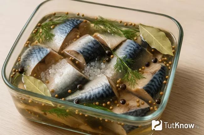 Кусочки рыбы в рассоле с солью, специями и укропом в стеклянной форме