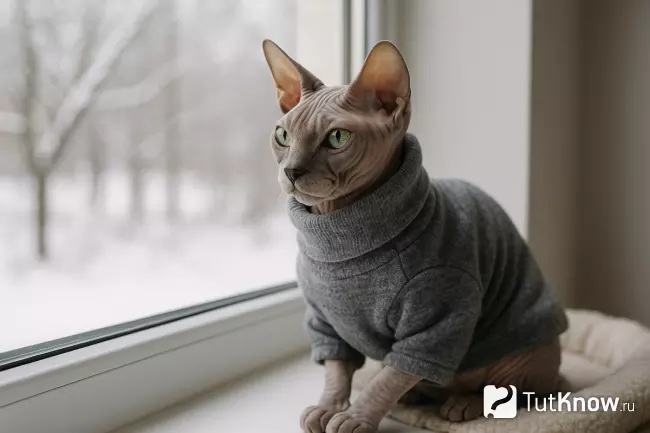 Сфинкс серого окраса в тёплой кофте сидит на подоконнике