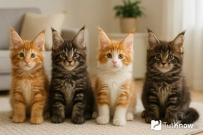 Четыре котёнка мейн-куна сидят рядом