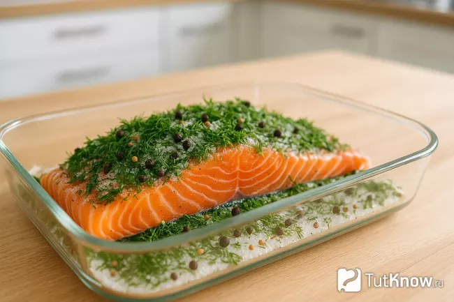 Филе лосося в соли, сахаре, укропе и специях для скандинавского гравлакса