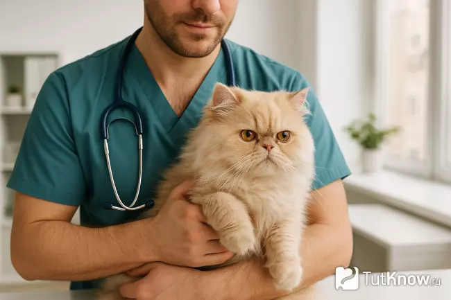 Персидская кремовая кошка у ветеринара, врач держит питомца