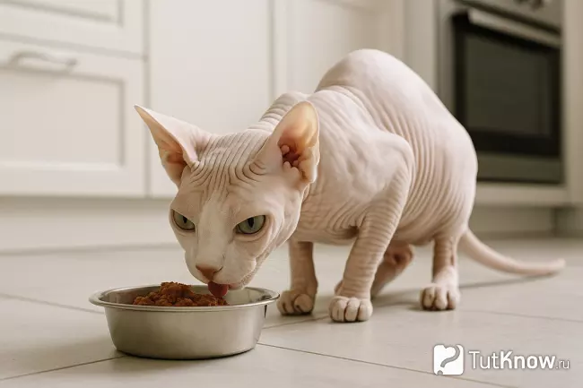 Сфинкс белого окраса ест влажный корм из металлической миски